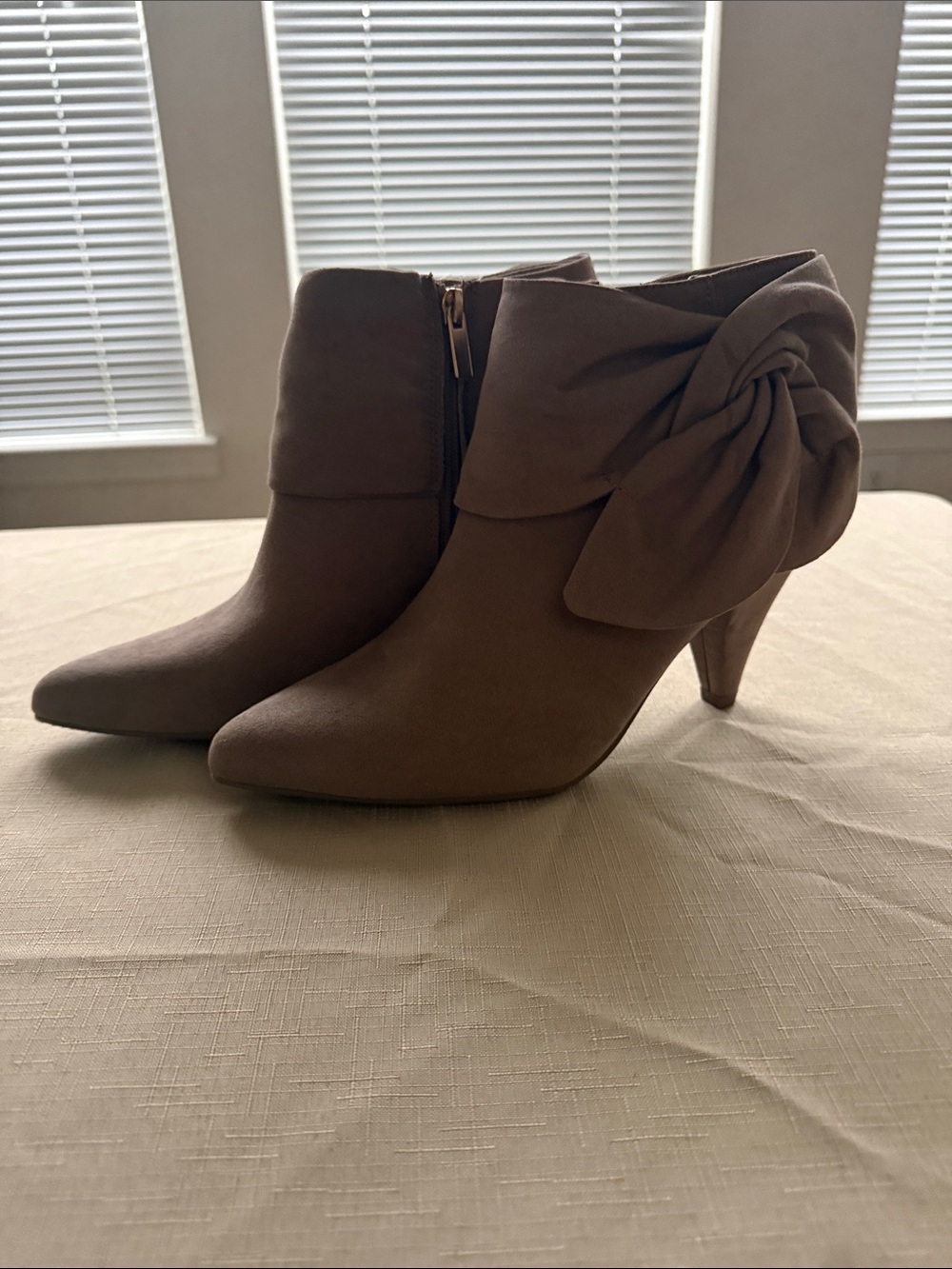 Suede Bow Accent Taupe Boots (Never Worn)